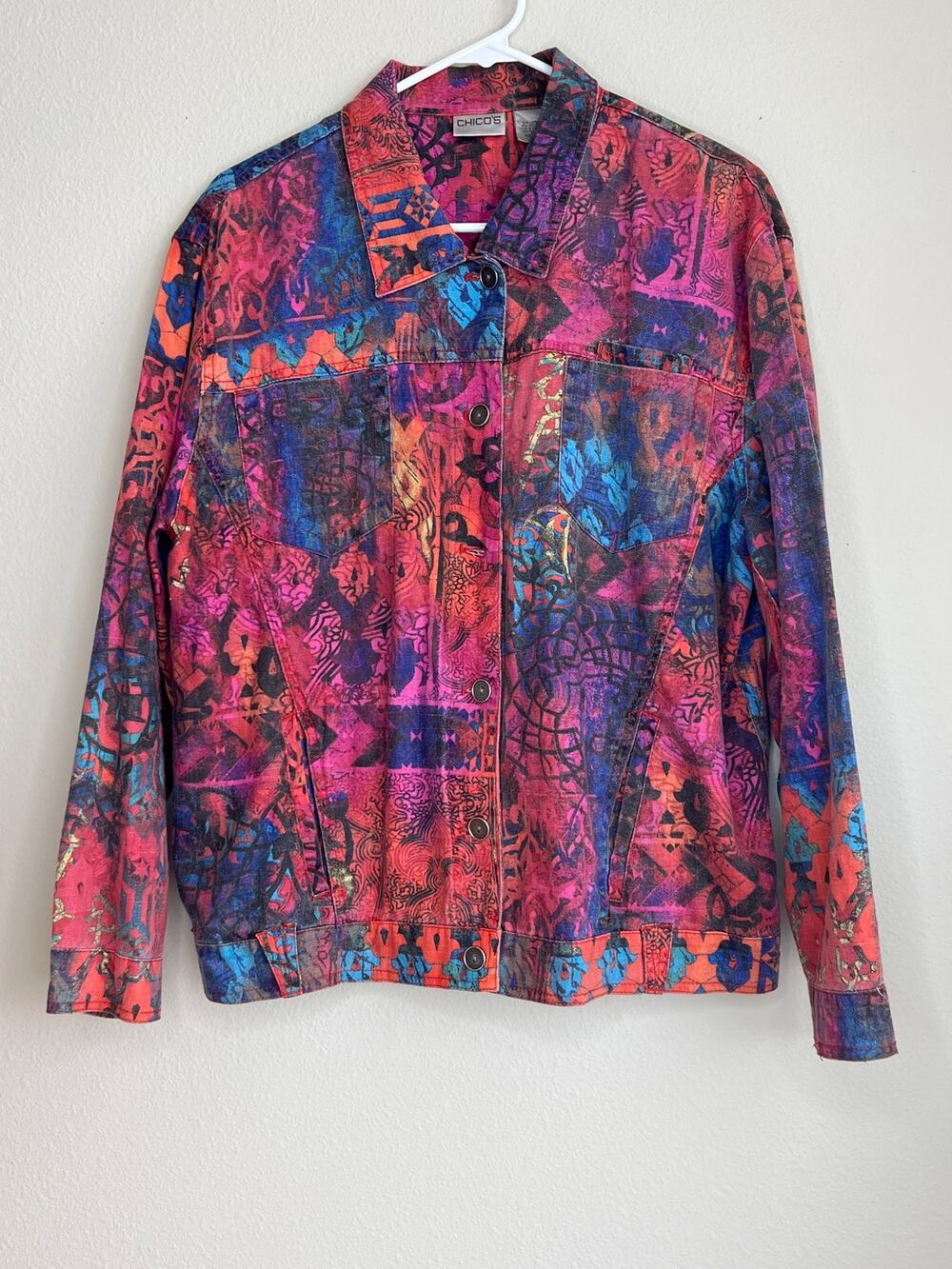 Chico's Abstract Art To Wear Linen Cotton Button Up Trucker Jacket 2 Large